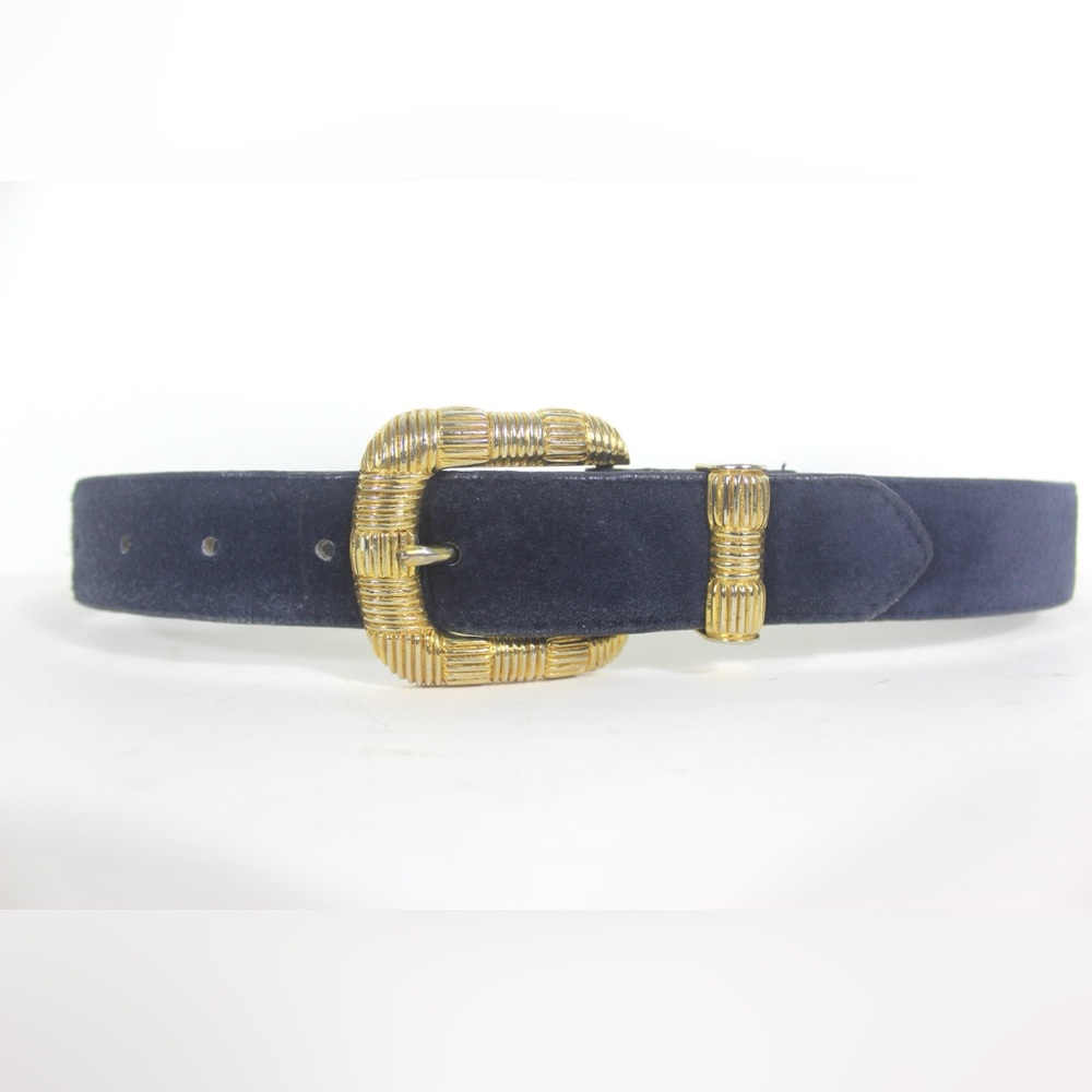 Dark Blue Pig Suede Vintage Leather Belt with Gold Buckle and Keeper, Size Small